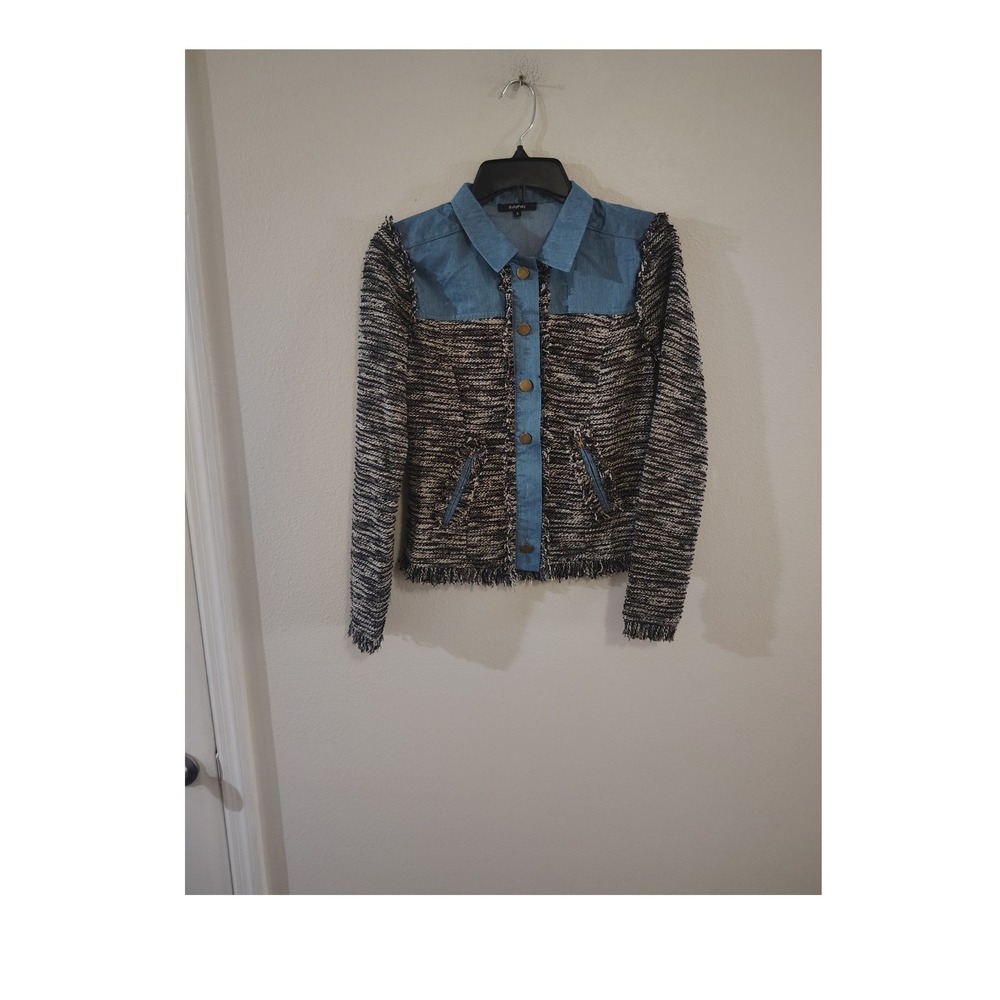 RolyPoly Womens Small Mixed Media Denim Tweed Fringe Jacket Blue Black White‎